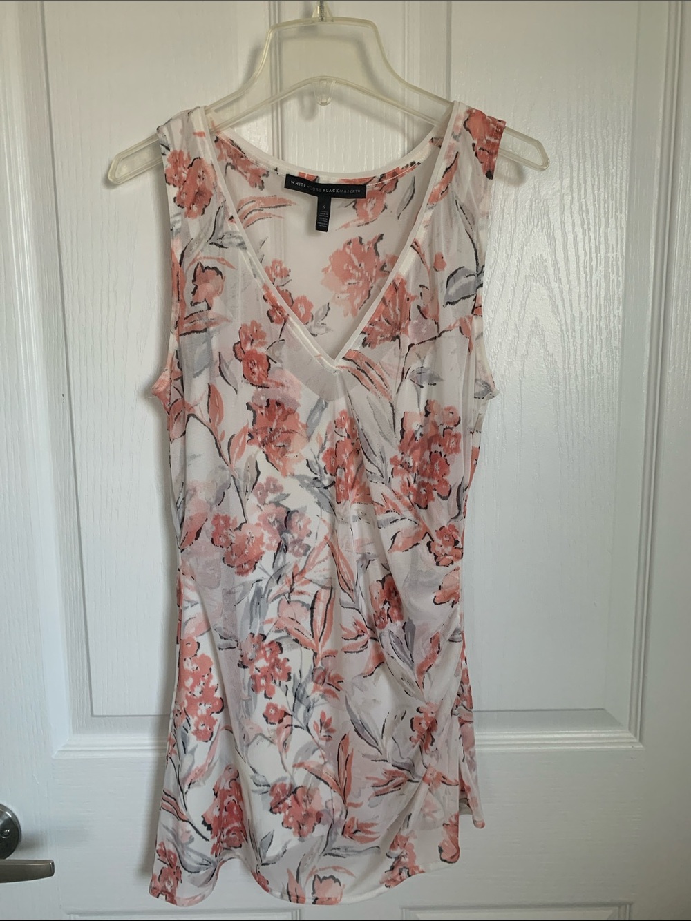 # 3/ 58 White House Black Market White Midi Dress with Blush Floral Print